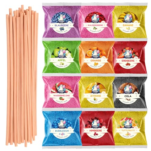 CANDY LAMA Zuckerwatte Zucker Set 12 x 100g Partyset - inkl. 20 Zuckerwattestäbe - 12 Geschmacksrichtungen für alle Zuckerwattemaschinen - Made in EU