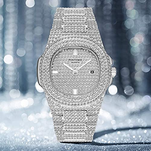 Gosasa Men's/Womens Unisex Crystal Watch Full Bling Iced-Out Cuban Watch Oblong Silver/Gold Wristwatch Hip-Hop Stainless Steel Bracelet Watch3