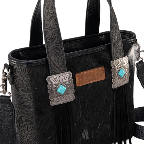 Image of Montana West Wrangler Cowhide Tote Bag for Women Western Tooling Handbag Leather Fringing with Turquoise Stone Concho