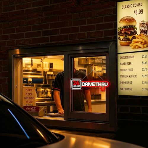 Image of Open 24 Hours Neon Sign Drive Thru Wall Night Light for Restaurant Decor | 16.5*5.5IN,Five level brightness adjustment,USB powered,For for Business Fast Food Club Coffee Shop Restaurant Stores Hotel