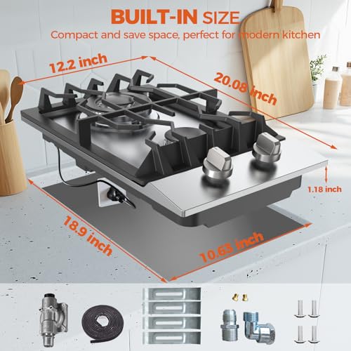 Image of TOPWISH 12 Inch Gas Cooktop, Gas Stove Top with 2 High Efficiency Propane Burner NG /LPG Convertible Stainless Steel Built-in Propane Stovetop with Thermocouple Protection for Apartments, Rvs