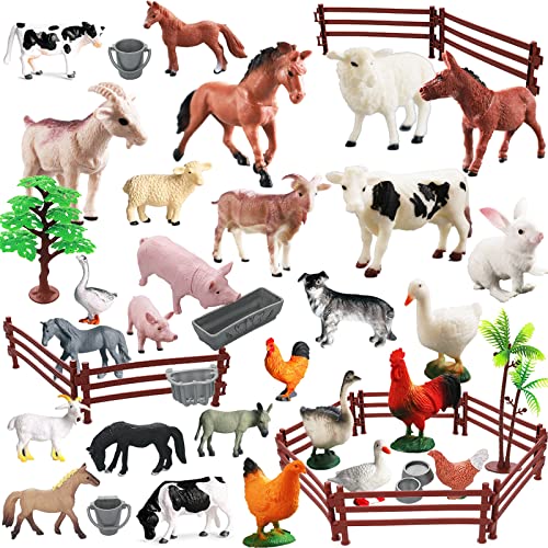 Yowlieu Realistic Farm Animal Figures Toys, 44 Pcs Plastic Farm Figurines Playset Includes Fences...