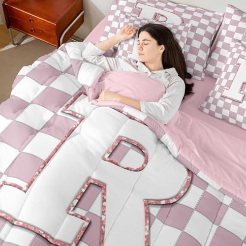 Image of Erosebridal Pink Initial R Queen Bed in A Bag 7 Piece Kawaii Plaid Checkered Comforter Set with Sheets Cute Personalized Monogram Bedding Sets for Kids Girls Teen Women,Fashion Grids Gingham Bed Set