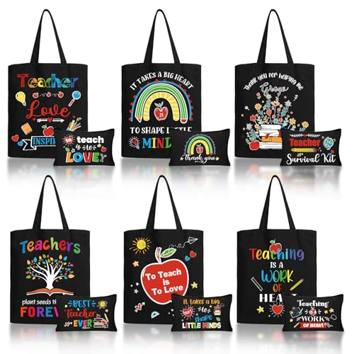 IANFEPH 12 Pcs Teacher Canvas Tote Bags for Women Man Thank You Teachers Appreciation Gifts with Cosmetic Bags Reusable Grocery Bag for Teaching Week Employee Retirement Gift (Black)