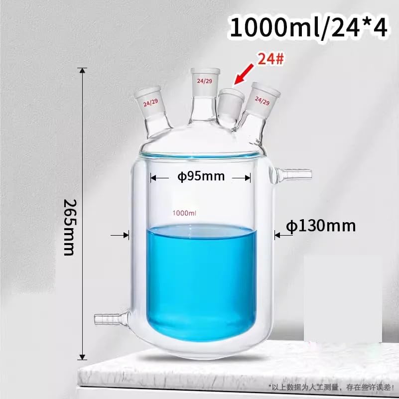 Probeta graduada de vidrio, Vidrio de borosilicato del matraz reacción laboratorio cuatro bocas con doble camisa 100-1000 ml(100ml 24X24X24X24)