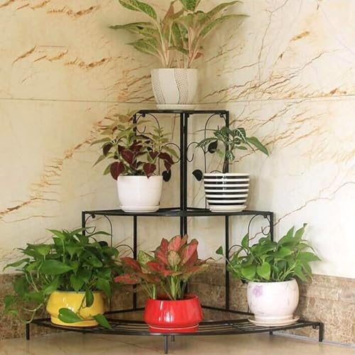 Image of NAYAB 3 Tier Metal Plant Stand, Stair-Step Style Display Ladder | Corner Shelf Metal Flower Pot Rack for Garden Balcony Indoor Outdoor (Black)