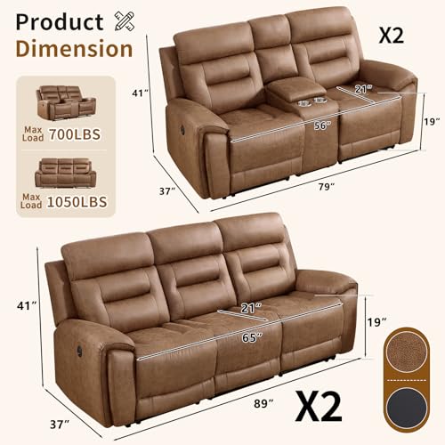 Image of ANJ 3-Piece Faux Leather Power Recliner Sofa Set with USB&Type-C Charging Ports, Include Loveseat Sofa with Hidden Storage & Cup Holders and 2 3-Seater Reclining Couches for Living Room, Brown