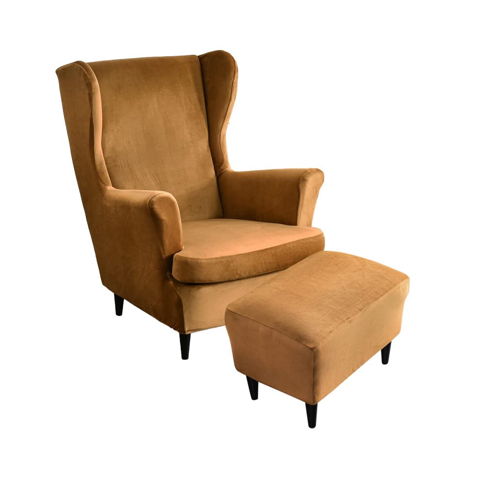 Highdi Khaki Velvet Wingback Chair Covers 2 Piece With Ottoman Cover, Stretch Wing Chair Slipcover, Washable Spandex Fabric Sofa Cover Furniture Protector For Armchair Chairs Bedroom Hotel (Khaki)
