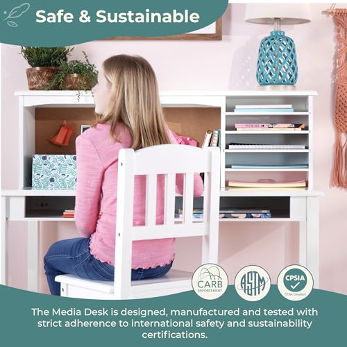 Image of Guidecraft Kids Media Desk and Chair Set - White: Kids Writing Desk with Hutch and Storage Shelves, Computer Workstation with Corkboard, Wooden Desk Set for Boys and Girls