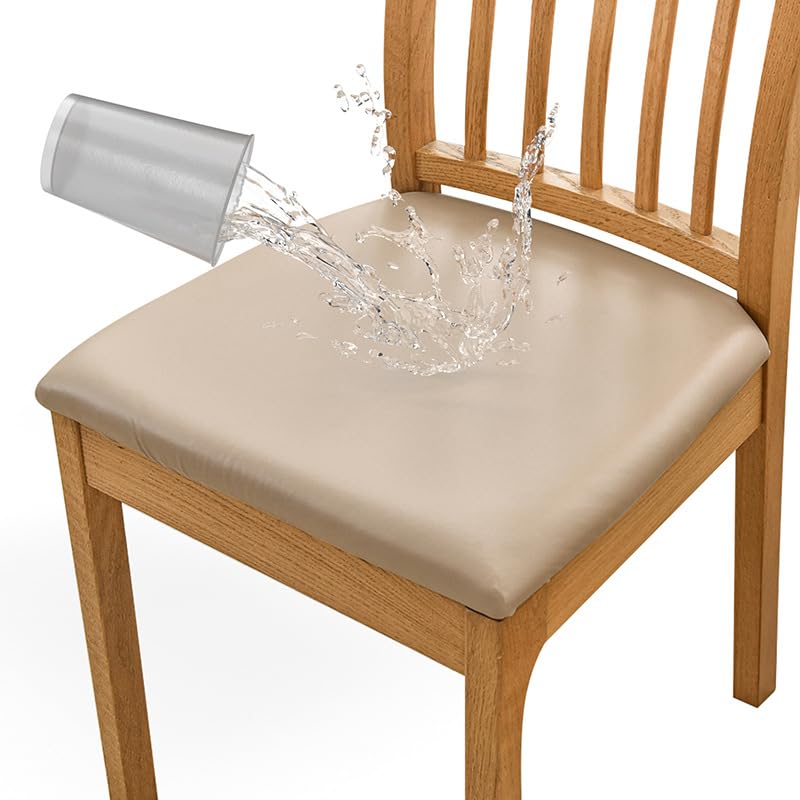 撥水加工 椅子カバー 座面 PUレザーチェアカバー 1枚 椅子座面カバー ダイニングチェアカバー ダイニング椅子カバー デスクチェアカバー 正方形 合皮 張り替え用 汚れ防止 模様替え 無地 洗える (カーキ)
