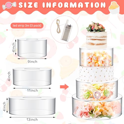 Sintuff 3 Pcs Acrylic Cake Stand with LED Lights 9‘’, 11‘’, 13‘’ Clear Fillable Cake Riser Round 3 Tier Case Box for Wedding Birthday Holiday Party Food Display, 3 Sizes - Image 4