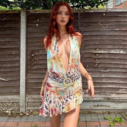 Women's Sexy Skirt Deep V-Neck Belt Halter Neck Backless Irregular Printed Skirt Mesh See Through Dress(Colour-M) Brown2