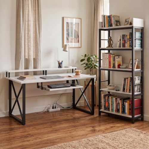 Image of FFO Modern Bedside Table with Drawer & Open Shelf, Wooden Top with Metal Frame, Compact Nightstand for Bedroom, End Table for Living Room