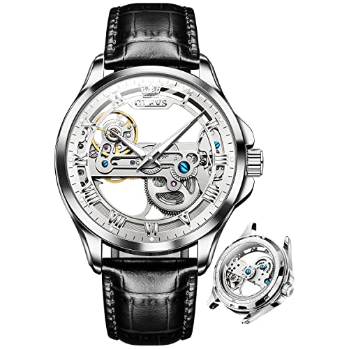 Image of OLEVS Skeleton Watches for Men Automatic Self Winding Mechanical Luxury Dress Leather Waterproof Luminous Men Wrist Watch