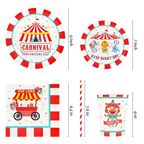 Carnival Party Supplies Decorations, Circus Theme Birthday Paper Plates and Napkins Set with Cups and Straws for 24 Guests, 120 Pcs Disposable Party Dessert Dinnerwares
