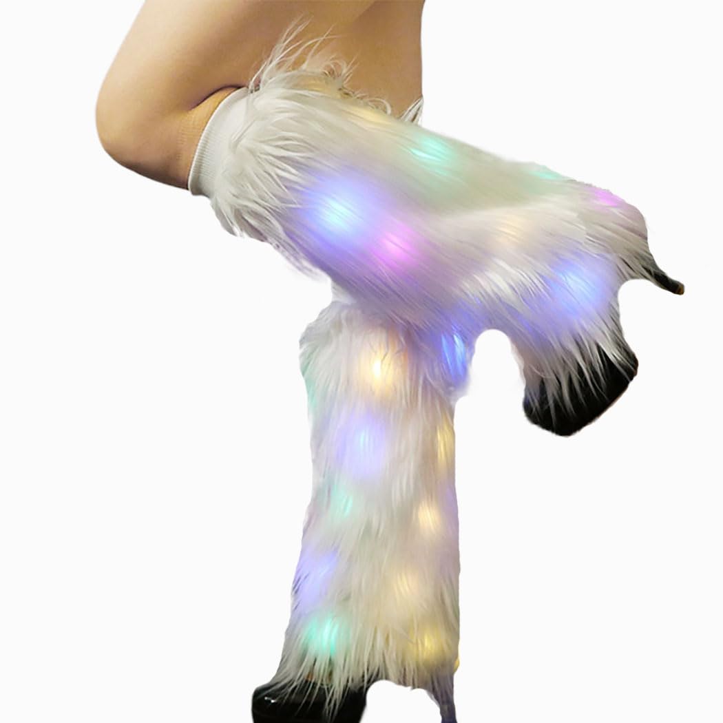 White Faux Fur Leg Warmers Light Up Rave LED Leg Cover 80s Winter Furry Long Boot Covers Sexy Fun Dance Hosiery for Women