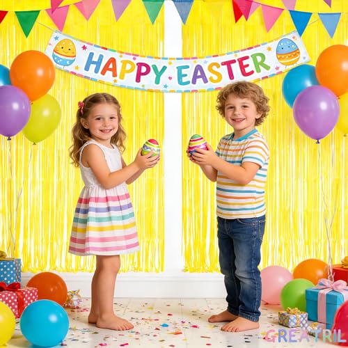Image of Yellow Streamers Party Backdrop - GREATRIL Foil Fringe for Pineapple /Lemon /Truck /Race Birthdays Party Decoration - 3.2ft X 8.2ft - 2 Packs