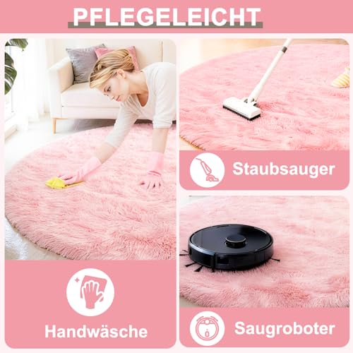 ROHATIM Teppich Rund 100 cm Rosa Waschbar Rutschfester Runder Hochflorteppich Wohnzimmer Kinderzimmer Schlafzimmer Flauschig