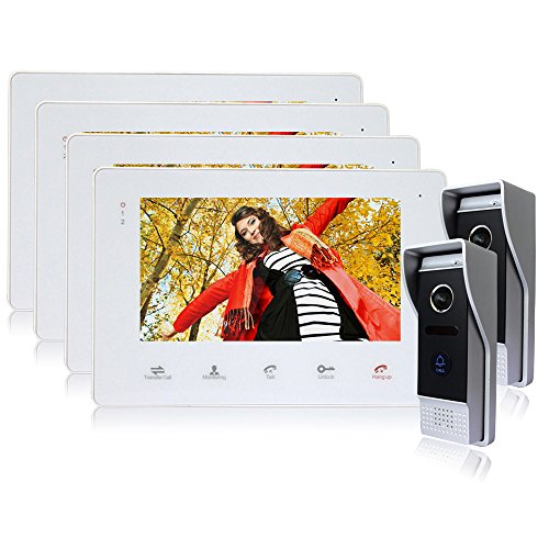 Bcomtech 7" Wired Video Door Phone Doorbell Intercom System with Pinhole Camera 4 Monitor and 2 Outdoor Units High 1200TVL Hands Free Intercom Dual Talk White Slim