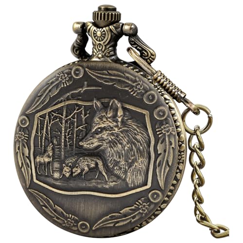 Image of Tiong Vintage Pocket Watch Engraved Cowboy Skull Wolf 3D Pattern Arabic Numerals Quartz Pocket Watch with Chain Best Gifts