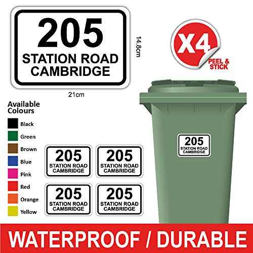 Pack of 4 Personalised Printed Wheelie Bin Number Stickers with House Number And Street Name Round Rectangle Style A5 Size Black