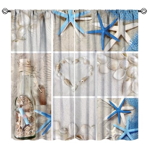 JADERYS Beach Blackout Curtains Summer Blue Starfish Conch Seashell Art Printed for Kids Girls Boys Women Bedroom Living Room Bathroom Rod Pocket Decoration Window Drapes 2 Panels W36xL63in