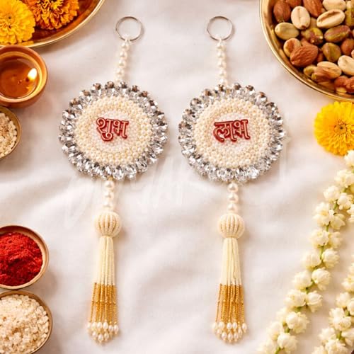 Image of Divyakosh Shubh Labh Door Hanging for Home Entrance | Pearl & Crystal Beaded Decorative Hanging | Traditional Indian Festive Wall & Door Decor for Diwali, Pooja & Griha Pravesh