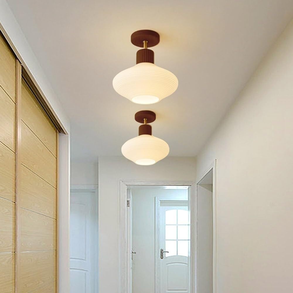 Nowoczesna minimalistyczna lampa sufitowa z naturalnego kamienia żółtego i półwbudowanego drewna orzechowego o kompaktowym cylindrycznym designie idealna do sypialni, korytarza, kuchni, loftu