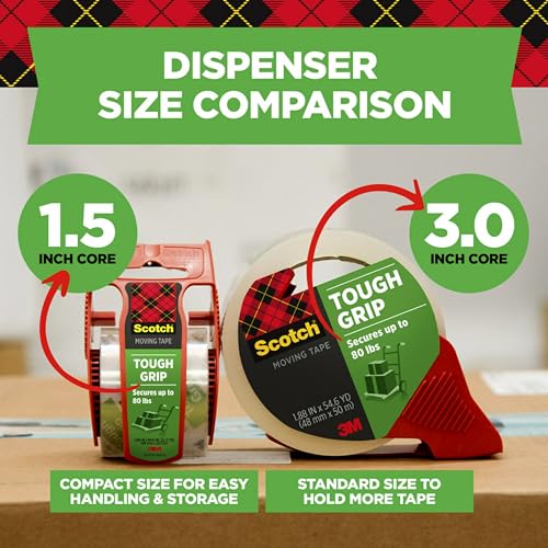 Image of Scotch Tough Grip Moving Packing Tape, Clear, Moving Tape that Secures Boxes up to 80 Pounds, 1.88 in. x 22.2 yd., 6 Tape Rolls with Dispensers