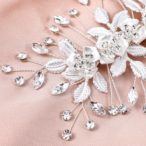 Haarschmuck Hochzeit, Glitzernde Braut Haarschmuck Strasssteine Haarspange Silber Kristall Blumen Kopfschmuck für Frauen Mädchen Braut Brautjungfer (Silber)