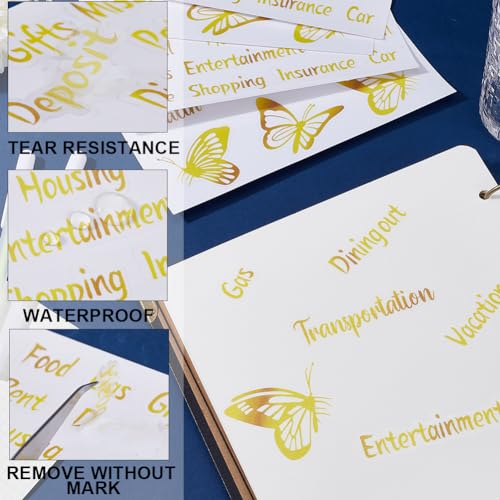 GORGECRAFT 8 Sheets Budget List Binder Labels Vinyl Decals Cash Envelope Budget Category Gold Stickers Butterfly Pattern Binder Label for Finance Planner Wallet Money Bill Coupon Organizer - Image 4