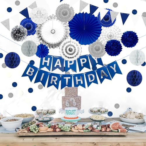 Image of 24Pcs Navy Blue and Silver Happy Birthday Party Decoration for Baby Shower