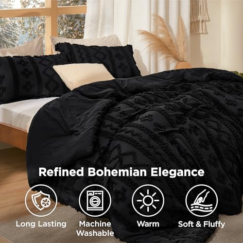 Bedsure Tufted Boho Comforter Set California King - Black Boho Bed Set, GentleSoft™ 3 Pieces Farmhouse Shabby Chic Embroidery Bedding, Gifts for Woman, Soft Jacquard Comforter for All Seasons