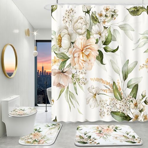 CedarShin 16 pcs Premium Floral Bathroom Set with Rugs and Shower Curtains Flower high Absorbent Non-Slip Bath Mat and Shower Curtain Sets Heavy-Weight 120gsm Bathroom Curtain with 12pcs Metal Hooks