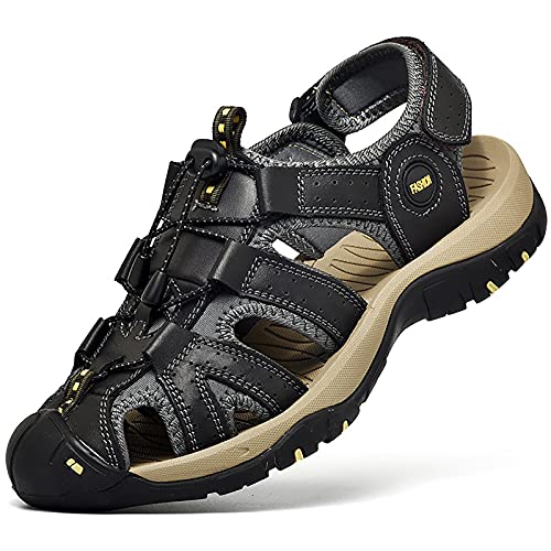 Fashion Men's Closed Toe Sandals, Classics Real Leather Hiking Sandals, Hollow Out Backpacking Beach Shoes