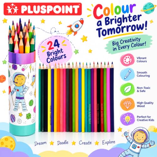Image of PLUSPOINT Astronaut color pencil set for kids 24 colors Shades Soft Wax Pencils 3 MM Colouring Pencil, Artist Sketching Colour Pencils Drawing Color for Art & Craft Work