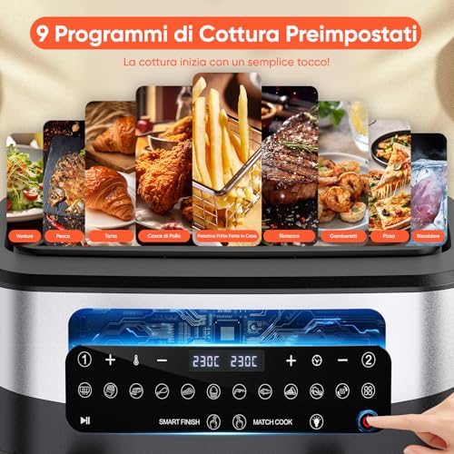 Friggitrice ad Aria XXL 10 litri Doppio Cestello, 50°C-230°C, Air Fryer con Finestra, 12 Programmi, Lavabile in Lavastoviglie, Touch Screen, Doppia Temperatura e Tecnologia SMART& MATCH Cook - immagine 5