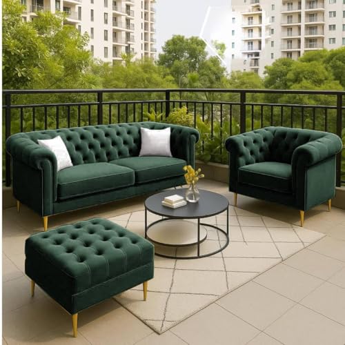 Image of Classic 3+1= 4 Seater with Footrest Seater Sofa Set Luxury Chesterfield Modern Fahionalable Sleeper Sofa for Living Room, Dining Room, (Green A1)