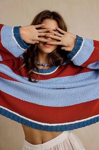 Womens Fall Color Block Striped Sweater Crewneck Long Sleeve Loose Pullover Sweaters Knitted Tops4