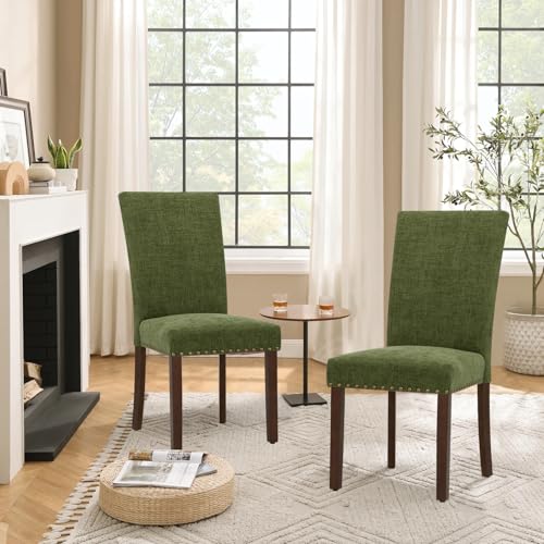 Image of Parsons Dining Chairs Set of 4, Upholstered Nailhead Dining Room Kitchen Side Chair with Thick Cushions and Wood Legs, Green