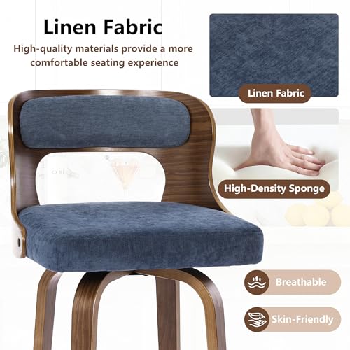 Image of Swivel Bar Stools Set of 2, 26 inch Counter Height Bar Stools, Mid-Century Modern PU Leather Modern Island Chairs with Back and Footrest, for Kitchen, Bar, Restaurant, Cafe, Blue-Gray