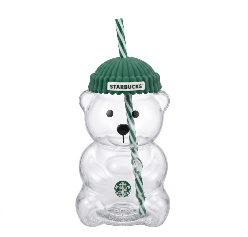 STARBUCKS Vaso Bearista Glass de Vidrio con Forma de Oso, Tapa Verde con Diseño de Gorro Verde, Popote a Rayas