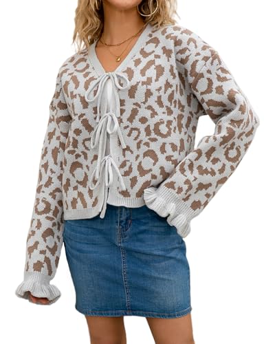 Amilia Women's Drop Shoulder Ruffle Sleeve Tie Front Leopard Open Front Knitted Short Cardigan Sweater Coats