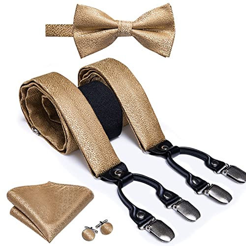 Sdfgh Silk Mens Suspenders Gold Clips Braces Necktie Bowtie Pocket Square Cufflinks Brooch Set For Men Business Wedding Gift (Color : Gold, Size : One Size) #TOP1