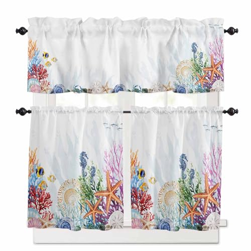 Coastal Kitchen Curtains 24 Inch Length, 3 Piece Rod Pocket Small Half Tiers and Valance Set, Blue Summer Beach Nautical Starfish Coral Small Large Window Treatment Decor for Bedroom/Bathroom Sink