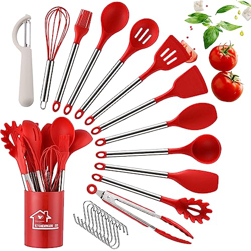 DLD Juego de 23 piezas de acero inoxidable para cocinar, antiadherente, resistente al calor de silicona con soporte y pelador, utensilios de cocina (rojo)…