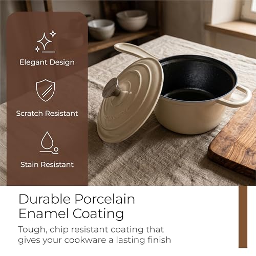 Image of Lifelong Enamel Cast Iron Saucepan with Lid (1.9L, 20cm) | Oven, Gas & InductionŚ Compatible | Slow Cooking, Even Heat Distribution, Non-Toxic, Durable, Naturally Nonstick, No Stains or Scratch(Ivory)