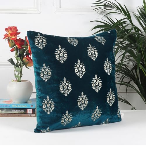 Image of Decoghar Turquoise Handmade Sofa Cushion Covers | Golden Zari Leaf Embroidered Square Throw Pillow Cushion Cover | 16 X 16 Inch | Pack of 2