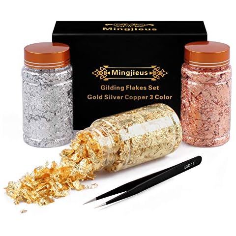 Mingjieus Gilding Flakes Set,Gold Foil Flakes for Resin,3 Bottles Metallic Foil Flakes for Resin Jewelry Making,Nails,Painting Art,Crafts and Slime(Gold, Silver, Copper Colors) Cover