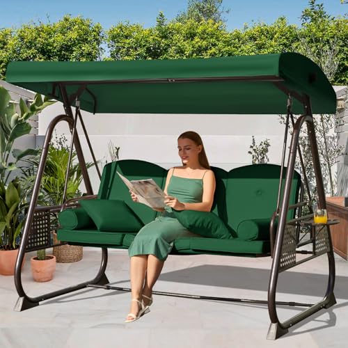 Image of 3 in 1 Outdoor Porch Swing with Adjustable Canopy, 3 Seat Outdoor Swing for Adults, Patio Swing Chair with Thickened Cushions,Pillows & Cup Holders for Backyard, Porch, Garden (Green)
